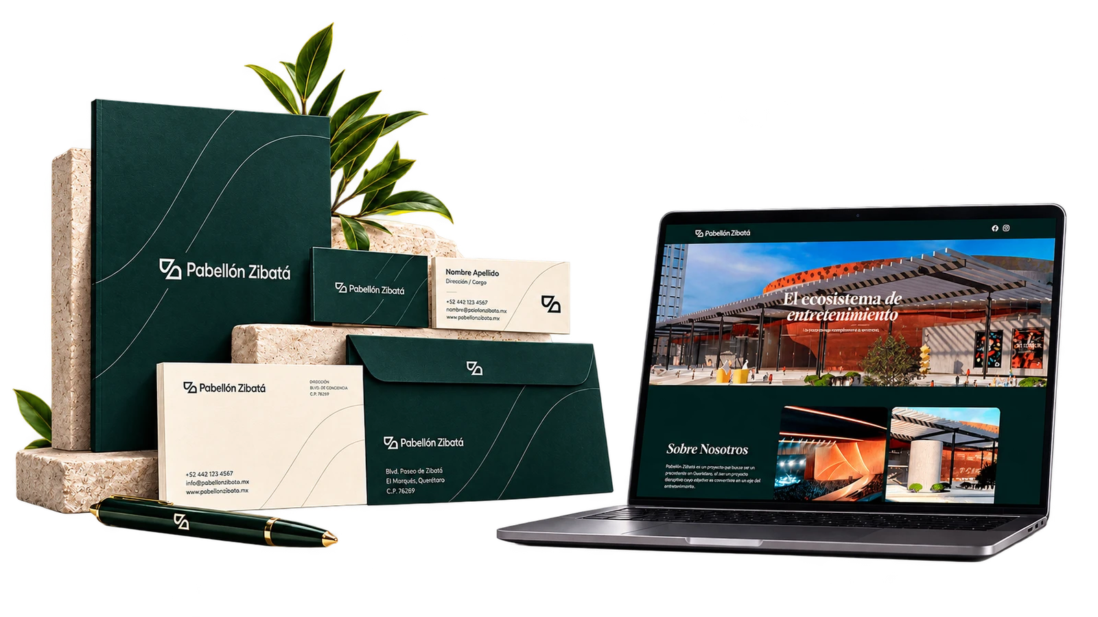 Visualización de identidad y sitio web de Pabellón Zibatá: papelería y computadora portátil sobre fondo transparente